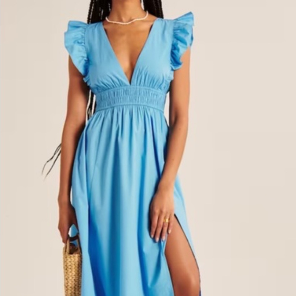 Abercrombie & Fitch Light Blue Ruffle-Sleeve V-Neck Maxi Dress